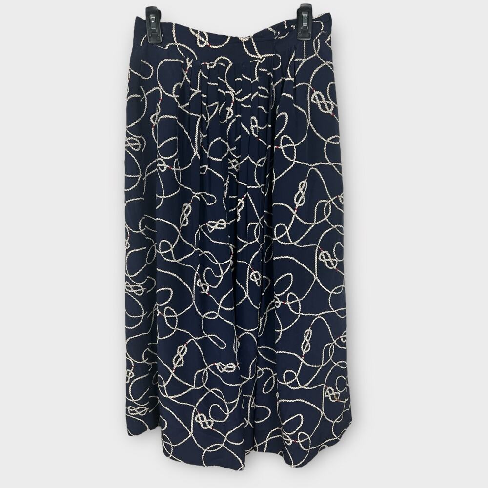 Vintage 100% Silk‎ Navy Blue Pleated Midi Skirt Rope Pattern Preppy Size 6 Small